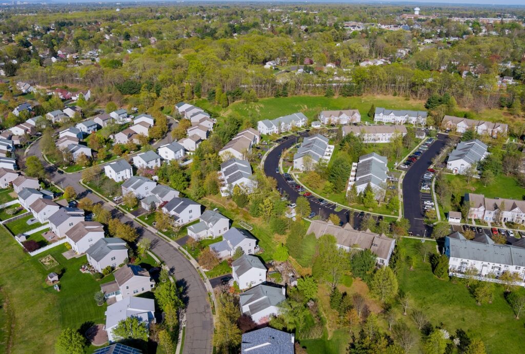 An aerial view of homes which an exterior painting contractor would love to paint. 