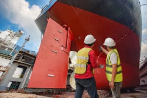 Two men are standing in front of an outside red wall, discussing their work on the building. This image illustrates the task of commercial painting.