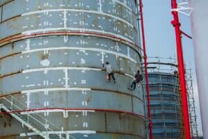 Two people are engaged in painting a large commercial building, working together to cover the expansive surface. This image shows the process of painting commercial buildings.