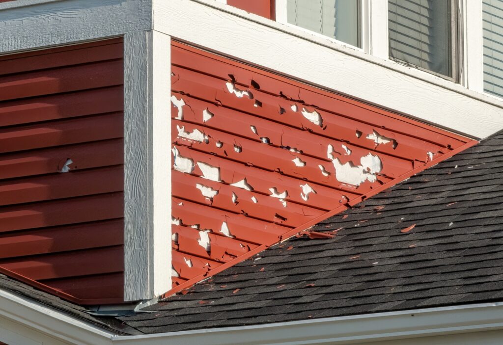 Close-up of peeling red siding on a house in need of siding repair in Wichita. The image shows damaged siding on a house with peeling paint and cracks. Siding repair in Wichita is crucial to maintain the structural integrity of the property.