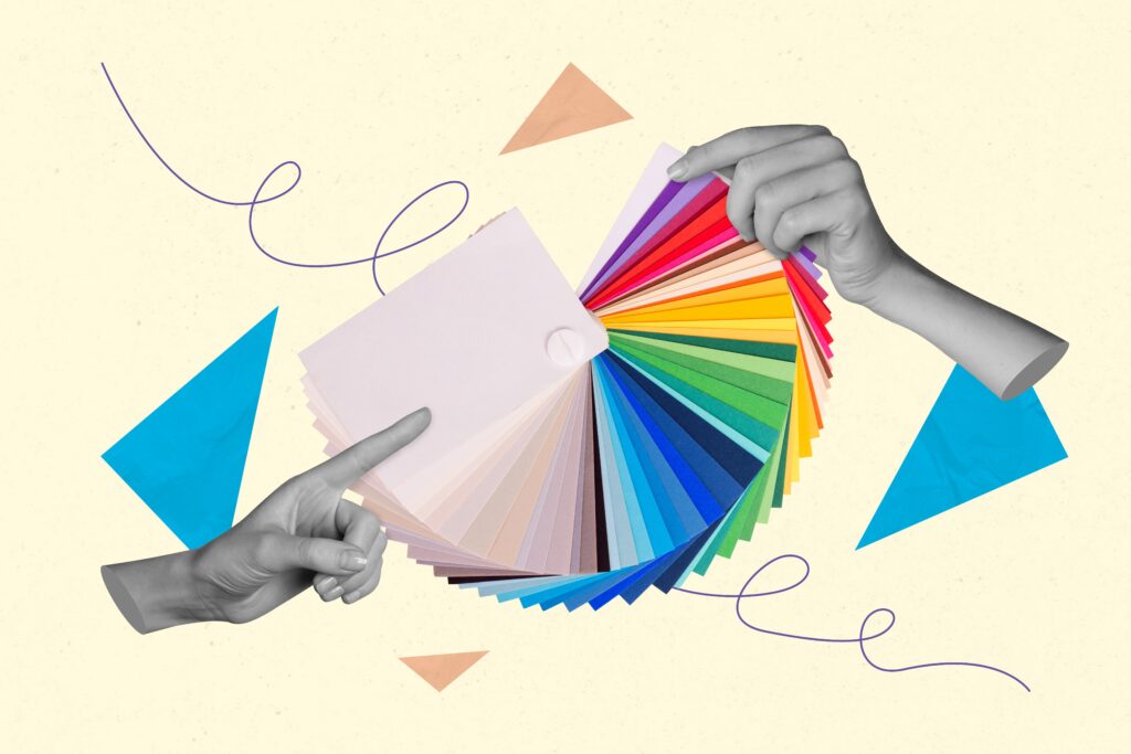 A creative depiction of hands selecting from a vibrant color palette, symbolizing the variety and precision offered by commercial painting services tailored to meet the unique needs of business owners.
