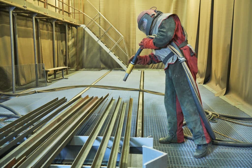 A worker in protective gear uses a commercial sandblasting machine on metal beams in an industrial facility.