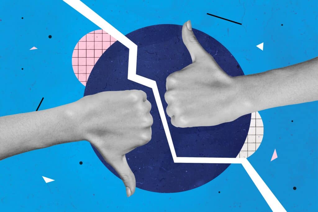 Creative graphic illustration featuring a split image with a thumbs-up and thumbs-down, symbolizing differing opinions or impacts of painting trends