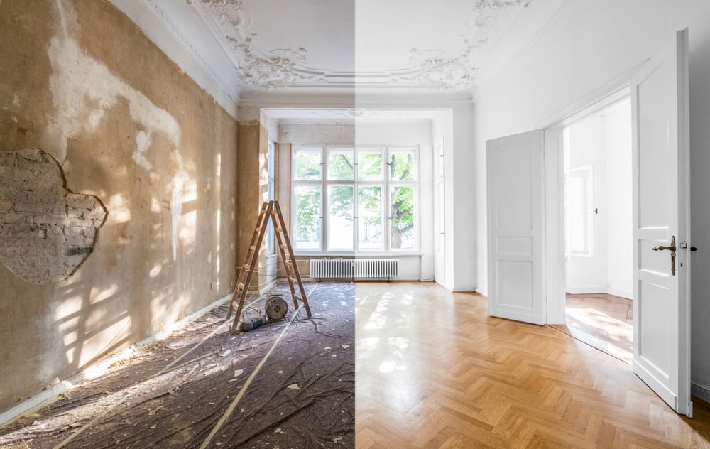 Split image showing a room before and after renovation, illustrating how often should you paint the inside of your house to maintain a fresh and clean interior.