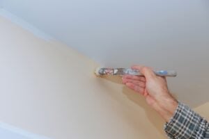 One of the interior painters Wichita KS has, painting walls and ceilings.