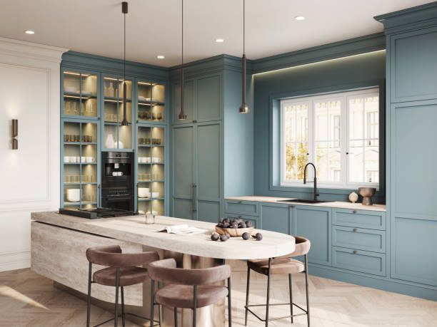 Kitchen featuring soft blue painted cabinets and smooth satin paint finishes by a house painter in Goddard, KS