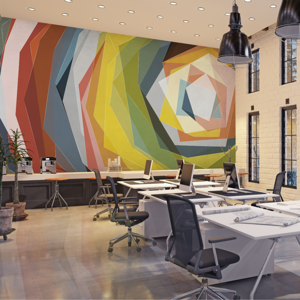 Modern commercial office with a colorful geometric digital wallcovering installed by a painting company in Newton, KS