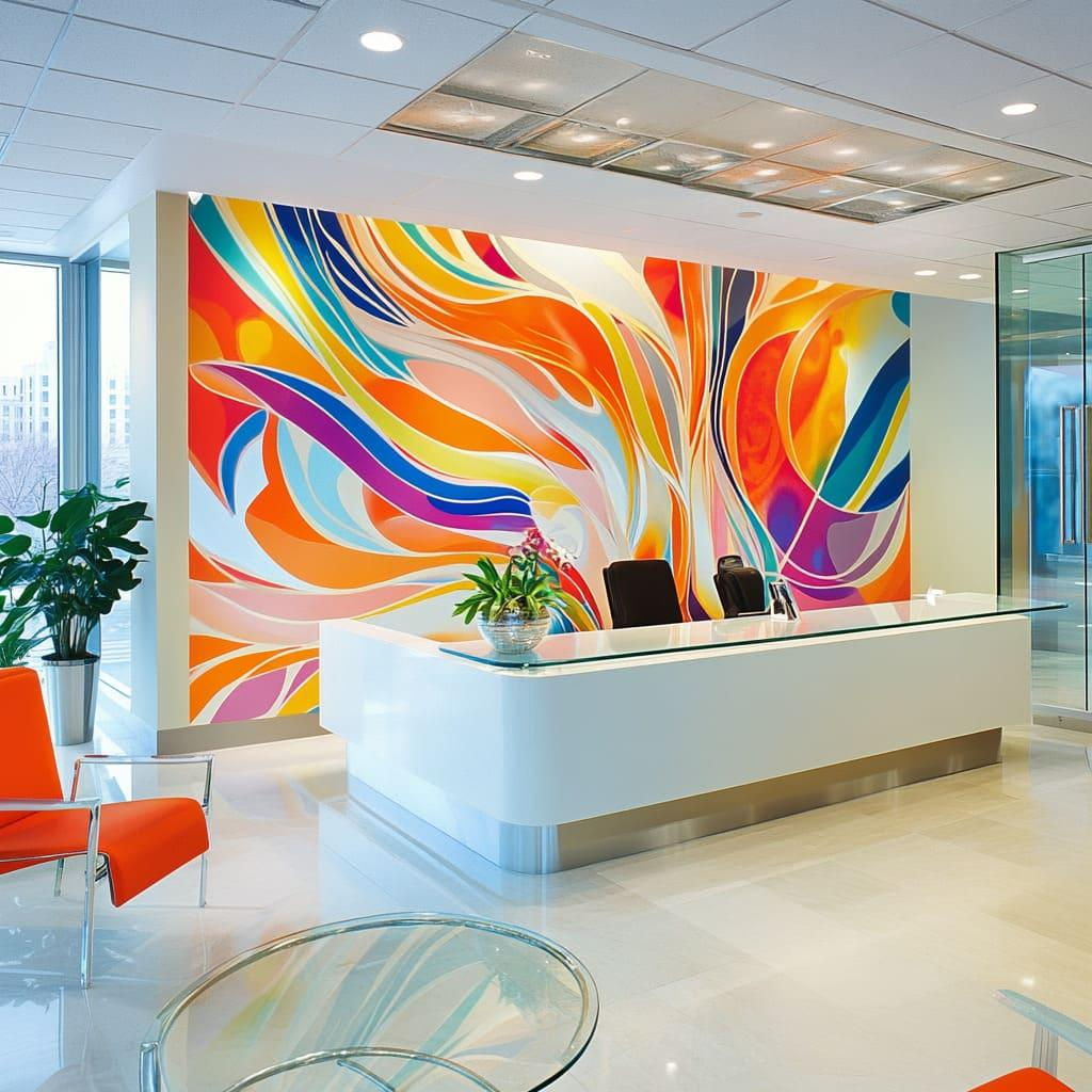 Modern commercial lobby with a colorful digital wallcovering feature wall by a painting company in Newton, KS